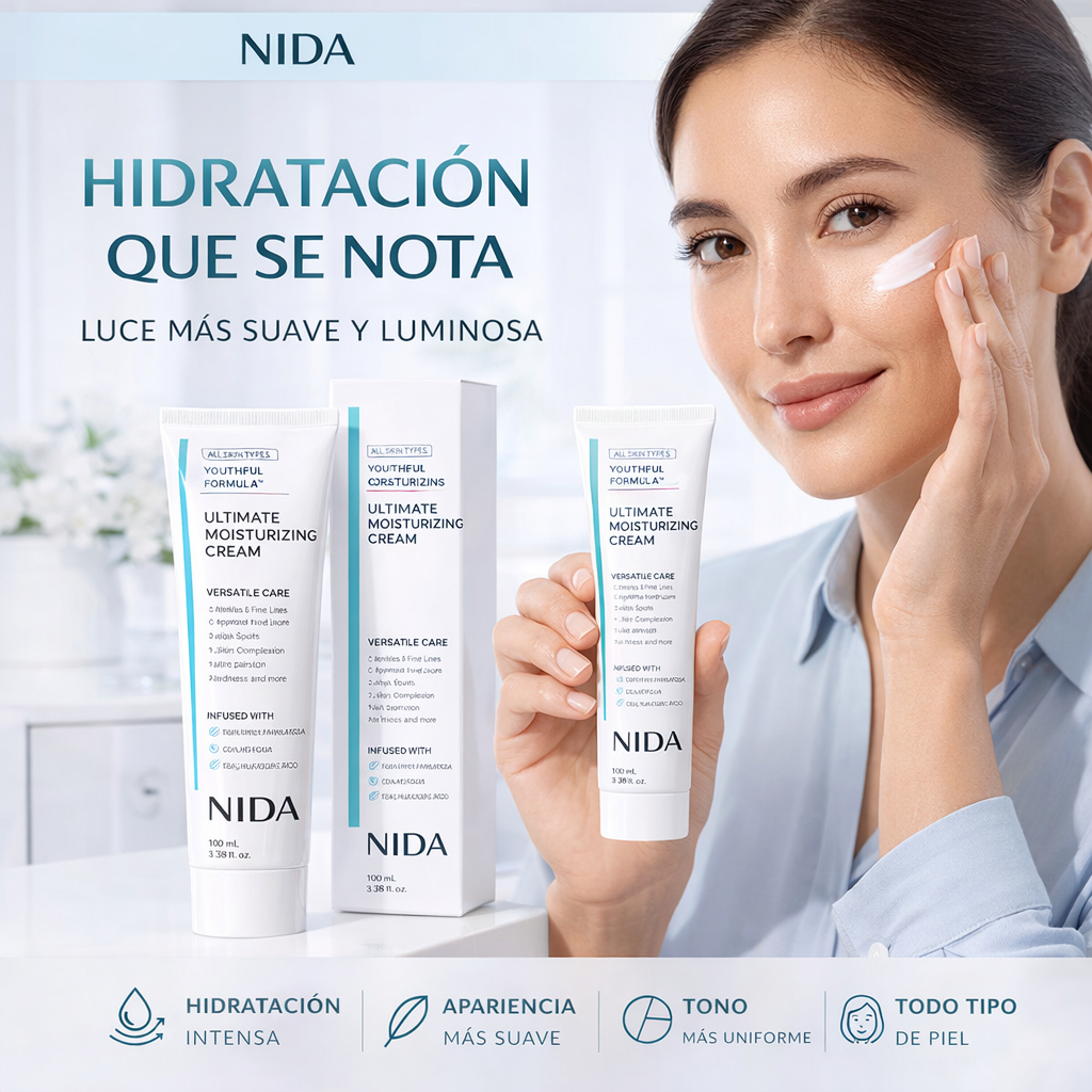 Mujer usando la crema facial NIDA junto al tubo blanco de 100 ml y su caja.
