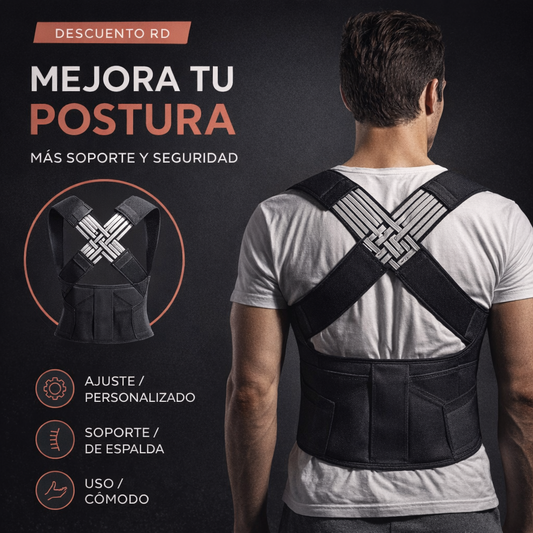 Corrector de postura negro ajustable con soporte lumbar y tirantes cruzados.