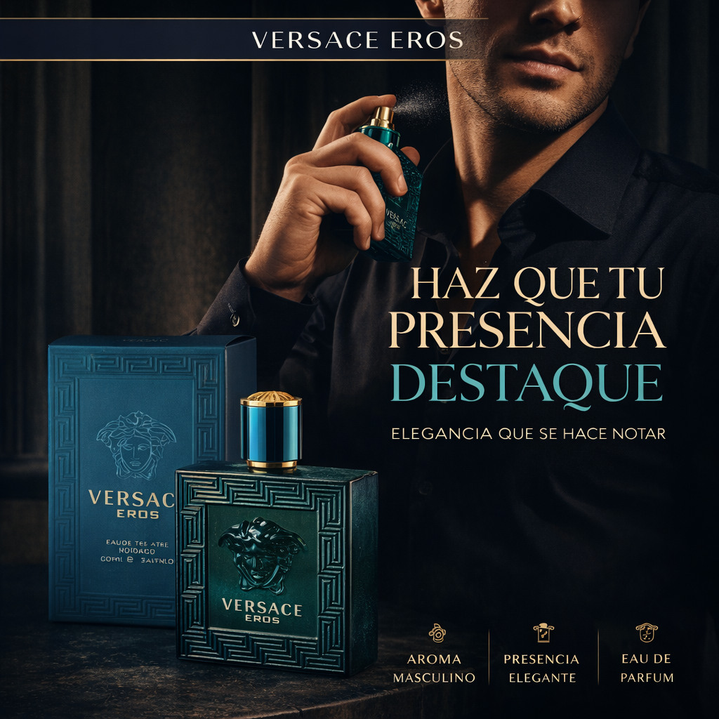 Hombre elegante aplicándose Versace Eros junto al frasco verde y su caja azul.