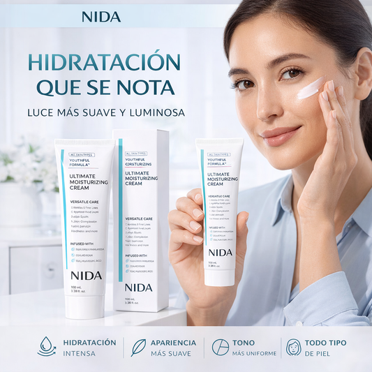 Mujer usando la crema facial NIDA junto al tubo blanco de 100 ml y su caja.