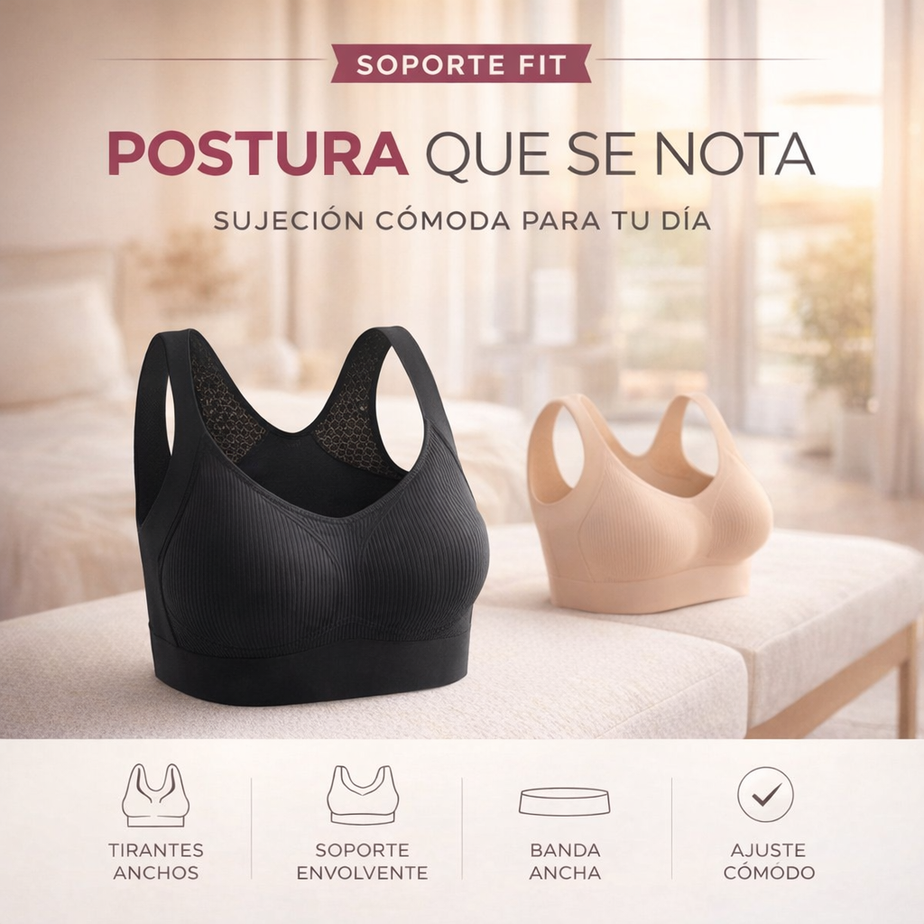 Mujer usando brasier negro de soporte con tirantes anchos y postura erguida.