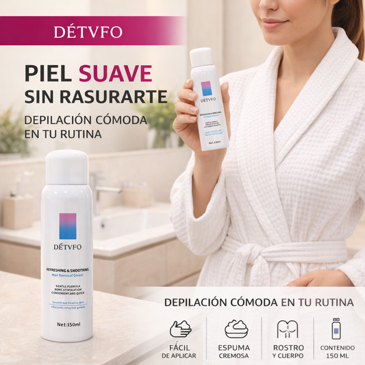 Espuma depilatoria DÉTVFO de 150 ml junto a una mujer vestida con bata en su rutina de cuidado.